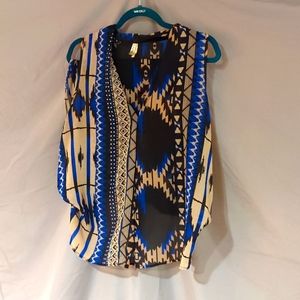 Sheer Sleeveless Asymmetrical Blue & Cream & Black Tribal Blouse Size L